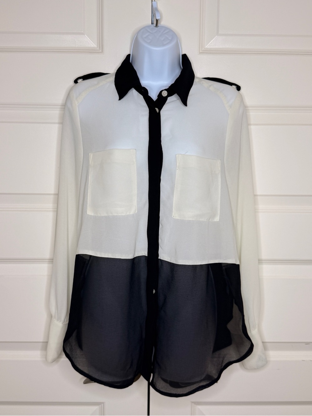 Two-Tone Button-Up Blouse - Black & Cream